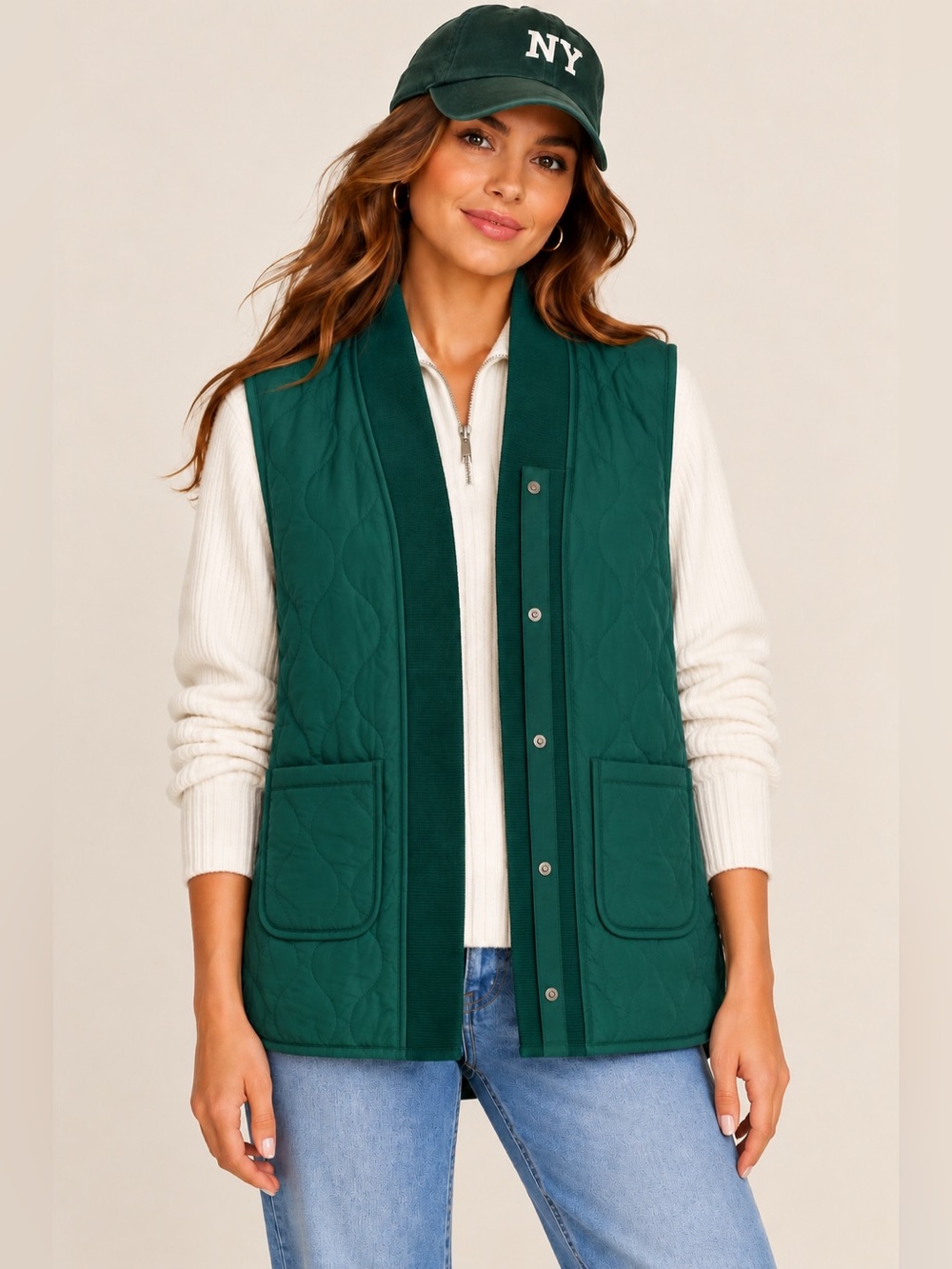 NWT Westbound Reversible Quilted Sherpa V-Neck Open Front Vest Green Sz L